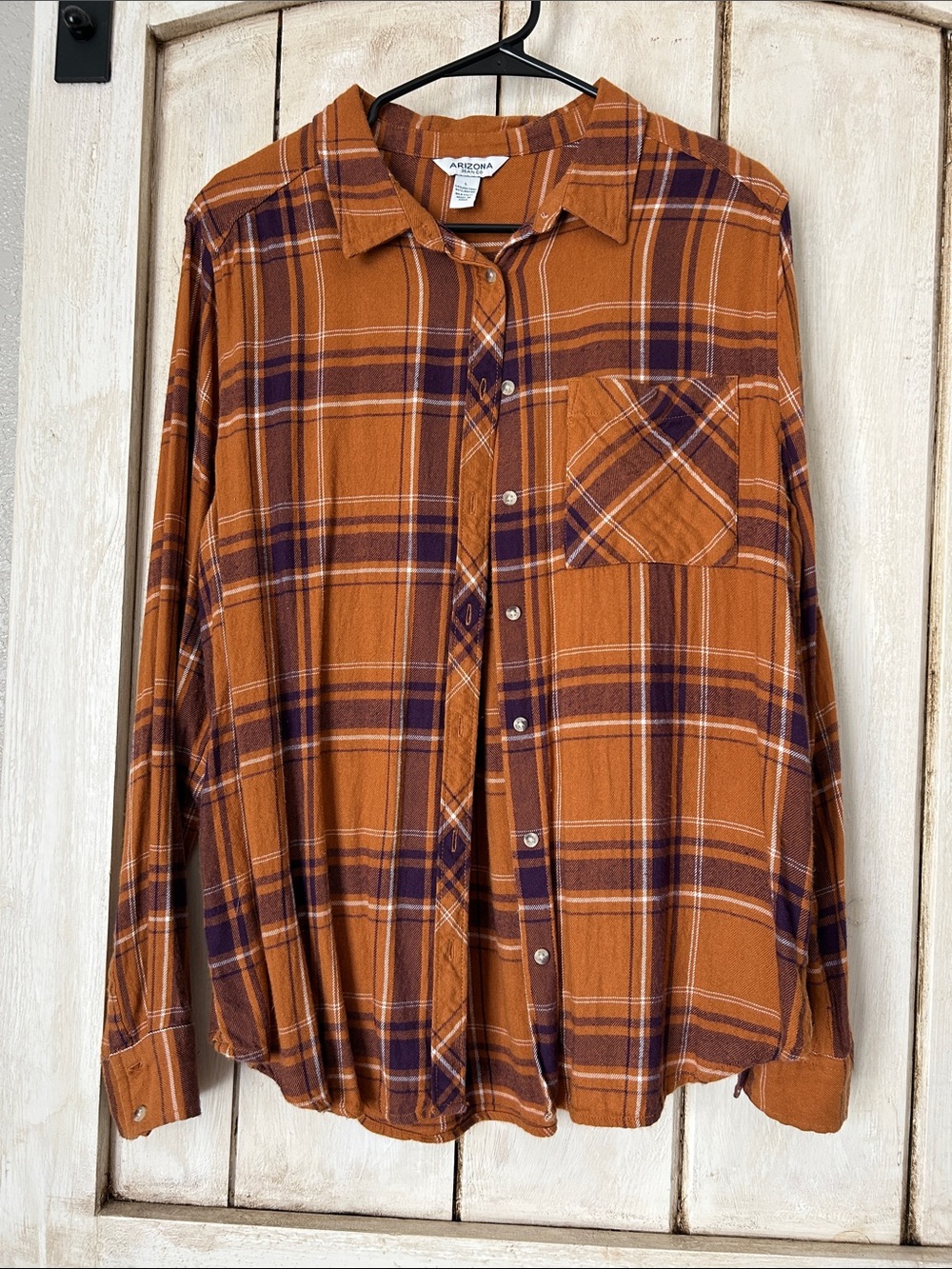 Arizona Jean Company Rust Orange and Navy Plaid Button-Down Shirt